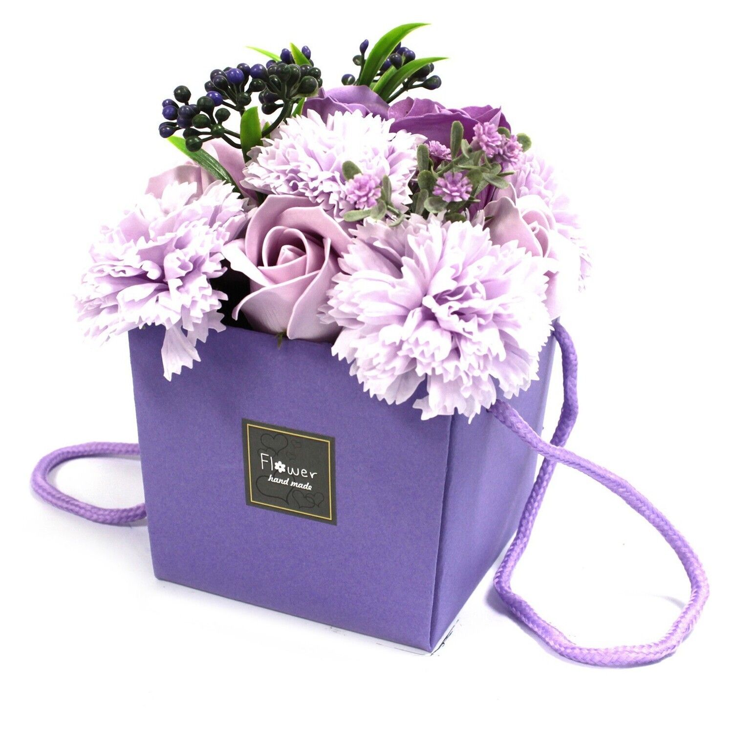 Cesta de flores de jabón moradas