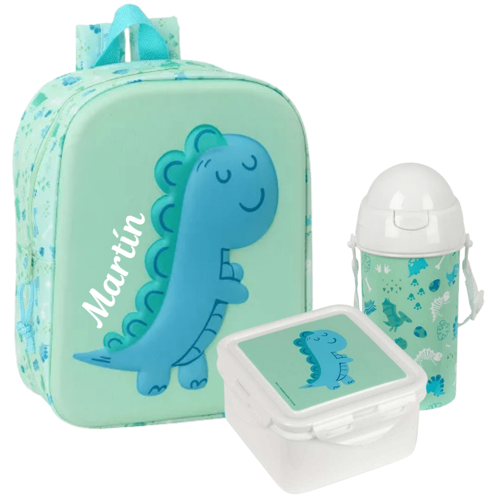 Mochila PERSONALIZADA 27cm + fiambrera y botella. DINO 3D
