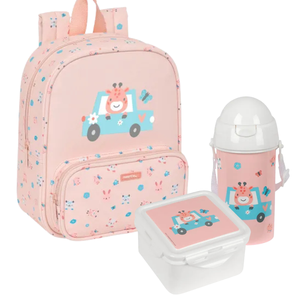 Mochila de 27cm + fiambrera y botella. JIRAFA