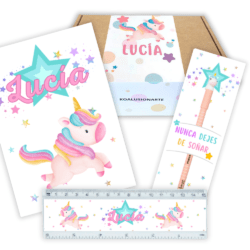 Caja boli + cuaderno + regla personalizado UNICORNIO