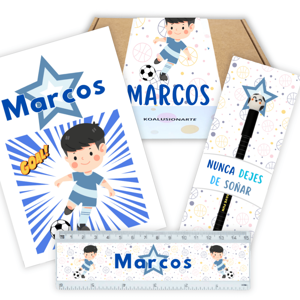Caja boli + cuaderno + regla personalizado FUTBOL