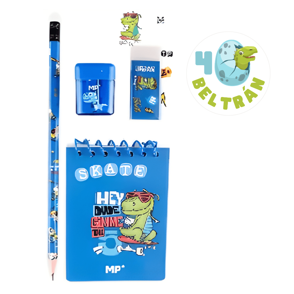 Pack papelería Dino- pegatina personalizada