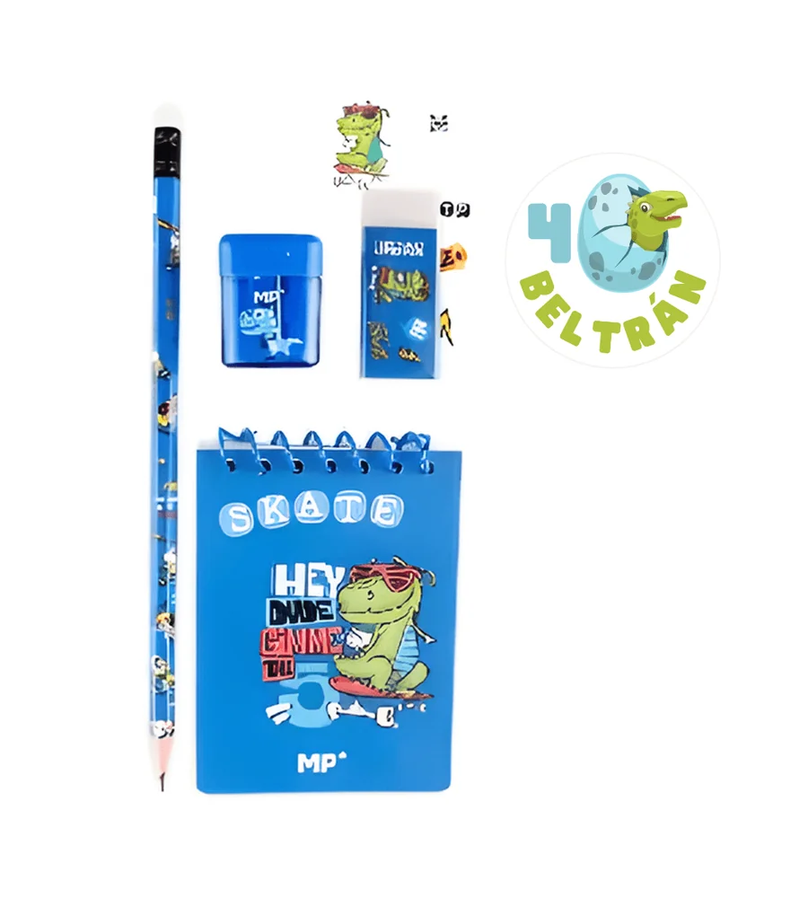 Pack papelería Dino- pegatina personalizada